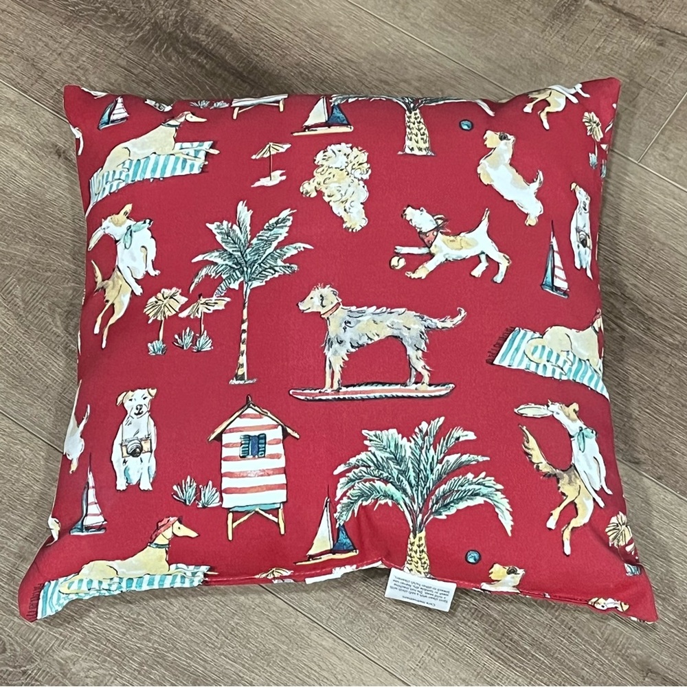 Hampton Bay Red Dogs & Beach Themed Throw Pillow 17x17” Spot Clean AllOver Print - Picture 1 of 9